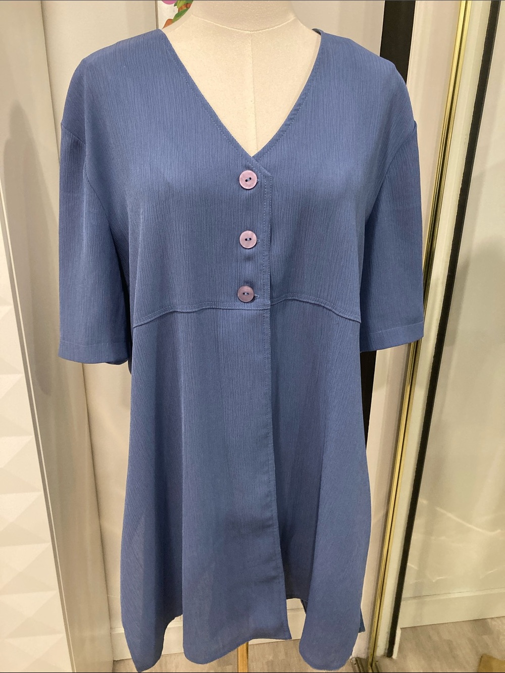Blue Button-Front Blouse Tunic Light Cover Up Duster